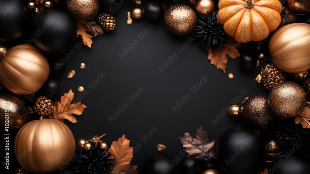 An artistic Halloween-themed arrangement featuring elegant black and gold pumpkins alongside autumn leaves, creating a classy and rich seasonal decoration. An artistic Halloween-themed arrangement featuring elegant black and gold pumpkins alongside autumn leaves, creating a classy and rich seasonal decoration.