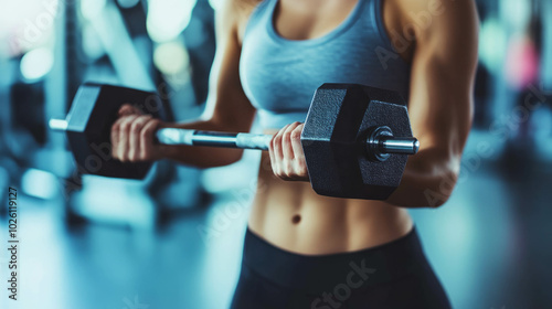 Woman in sportswear holding dumbbell, focus on hand, blurry gym in background