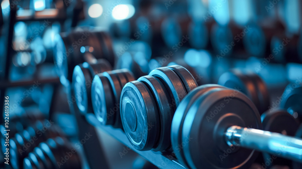 rack of dumbbells against the background of a gym rack of dumbbells against the background of a gym