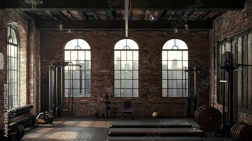 industrial interior of a sports hall with sports equipment photo