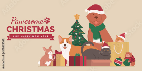 Happy pets celebrating Christmas together