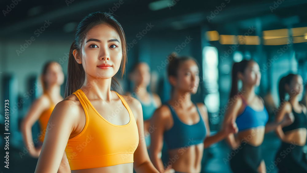 Asian woman in sportswear exercising with a group of other women in a gym