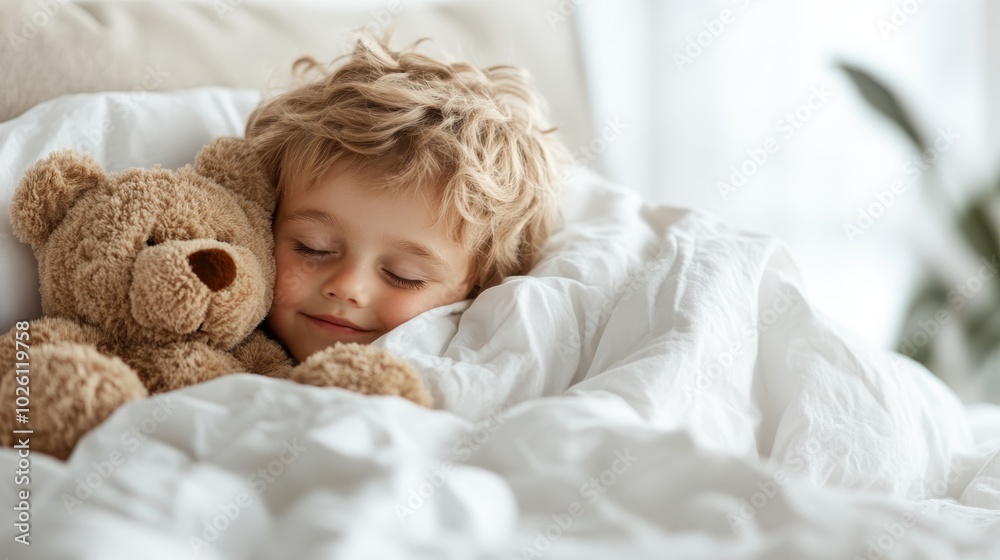 A child with blonde curls sleeps peacefully, smiling softly, cuddling a brown teddy bear under white sheets, bathed in gentle morning light from a window. A child with blonde curls sleeps peacefully, smiling softly, cuddling a brown teddy bear under white sheets, bathed in gentle morning light from a window.