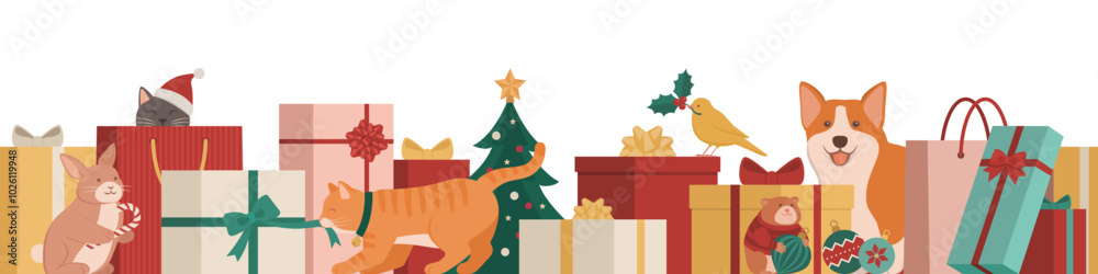 Obraz premium Cute pets, gifts and Christmas ornaments, seamless border