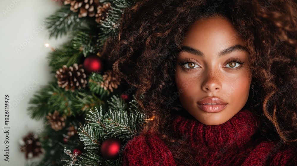 A woman with curly hair gazes at the camera, surrounded by festive decorations including pinecones and ornaments, creating a warm holiday atmosphere. A woman with curly hair gazes at the camera, surrounded by festive decorations including pinecones and ornaments, creating a warm holiday atmosphere.