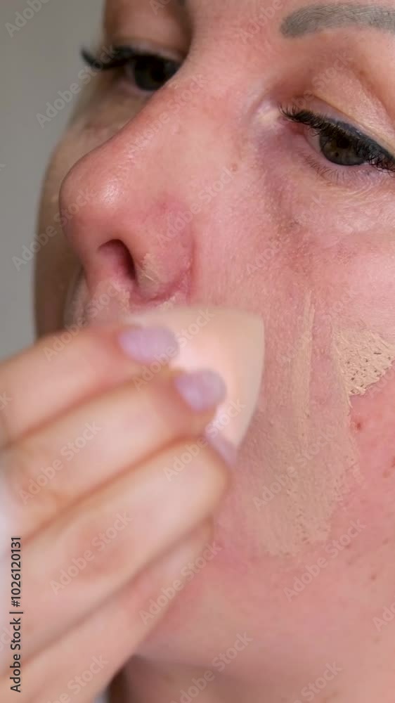 Beautiful middle-aged 50s old lady mature woman applying powder luxury cosmetics on face with cotton pad perfect smooth skin natural makeup in mirror home bathroom facial wrinkles anti-aging beauty Beautiful middle-aged 50s old lady mature woman applying powder luxury cosmetics on face with cotton pad perfect smooth skin natural makeup in mirror home bathroom facial wrinkles anti-aging beauty