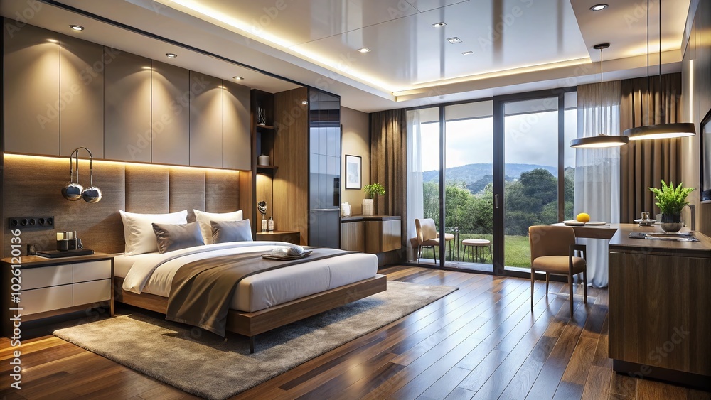 Fototapeta premium Modern Hotel Room Interior with Shower Cabin and Kitchen Utensils for Travel Concepts