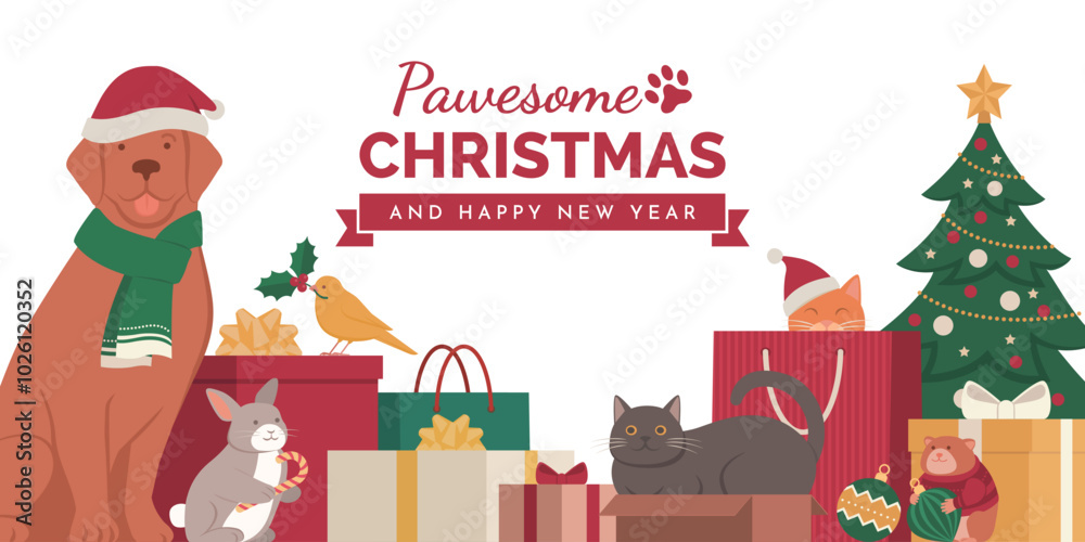 Happy pets celebrating Christmas together