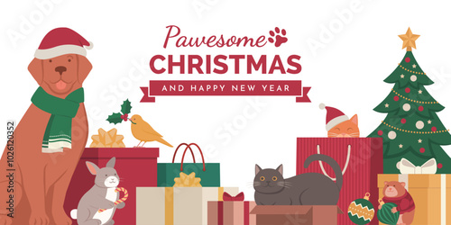 Happy pets celebrating Christmas together