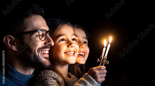 Family Candlelight: A father and his daughters share a heartwarming moment, their faces illuminated by the soft glow of candles in a tender and intimate scene of family connection and togetherness.  photo