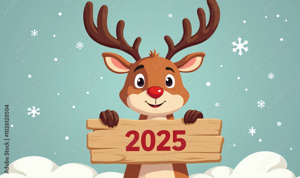 A cartoon reindeer proudly holds a wooden sign bearing the year '2025', as delicate snowflakes gently swirl around him._00001_ A cartoon reindeer proudly holds a wooden sign bearing the year '2025', as delicate snowflakes gently swirl around him._00001_