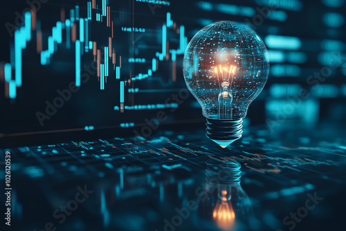 Price chart with candlestick patterns and glowing light bulb representing innovation, blue and green stock movement lines
