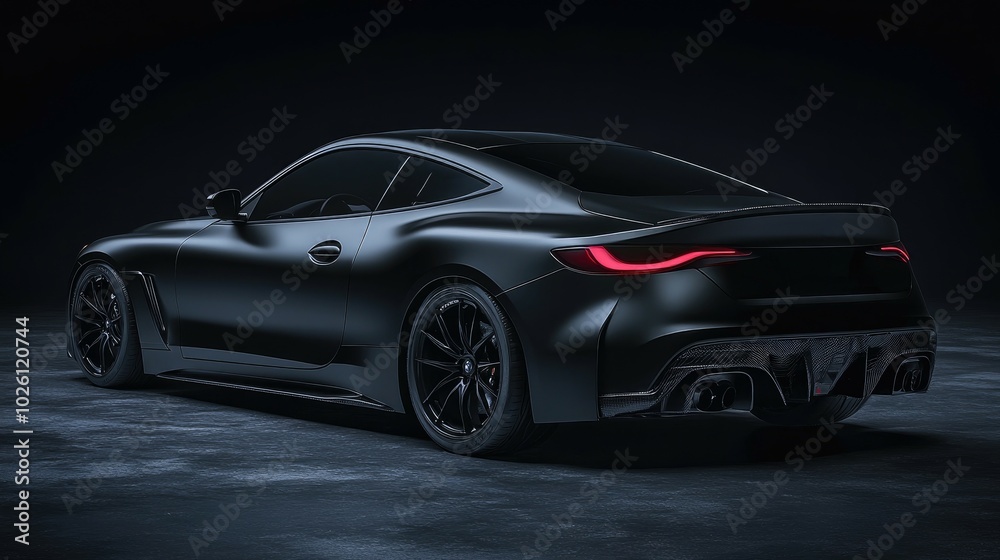Naklejka premium A sleek, black sports car with red taillights sits on a dark surface, with a slight gleam on the bodywork.