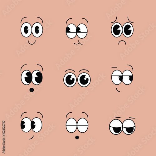Cartoon faces. Expressive eyes and mouth, smiling, crying and surprised character face expressions. Caricature comic emotions or emoticon doodle. Isolated vector illustration icons set