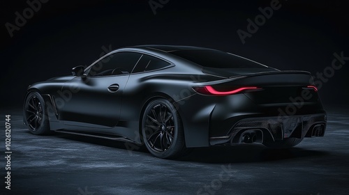 A sleek, black sports car with red taillights sits on a dark surface, with a slight gleam on the bodywork.