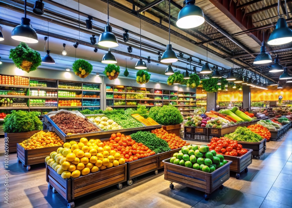 Obraz premium Modern Supermarket Interior with Fresh Produce and Aisles for Shopping Inspiration