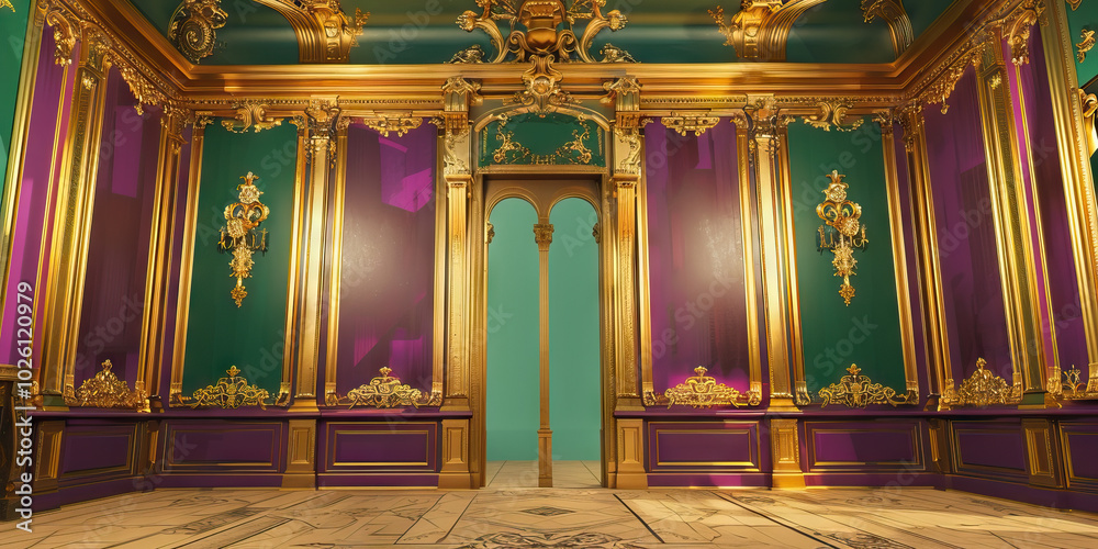 Obraz premium A French-inspired bank setting, with ornate gold detailing on the walls and accentuated by regal purple and emerald green.