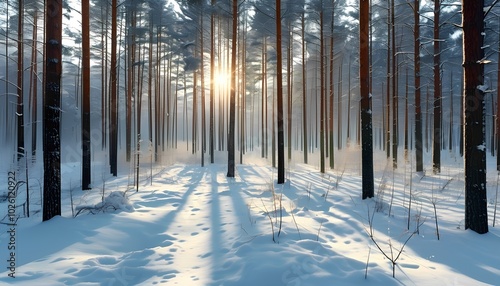 Snow-Covered Forest with Sunlight Filtering Through Trees