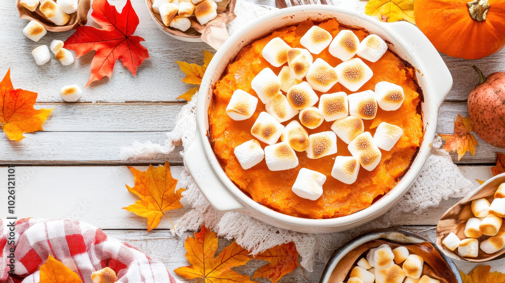Delicious sweet potato casserole topped with toasted marshmallows, surrounded by autumn leaves and pumpkins on a rustic wooden table Delicious sweet potato casserole topped with toasted marshmallows, surrounded by autumn leaves and pumpkins on a rustic wooden table
