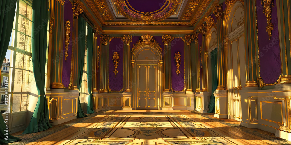 Obraz premium A French-inspired bank setting, with ornate gold detailing on the walls and accentuated by regal purple and emerald green.