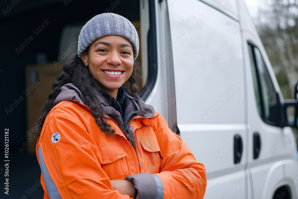 A cheerful smiling female delivery driver standing in front of a delivery van, Happy employee, Logistics and transportation industry A cheerful smiling female delivery driver standing in front of a delivery van, Happy employee, Logistics and transportation industry