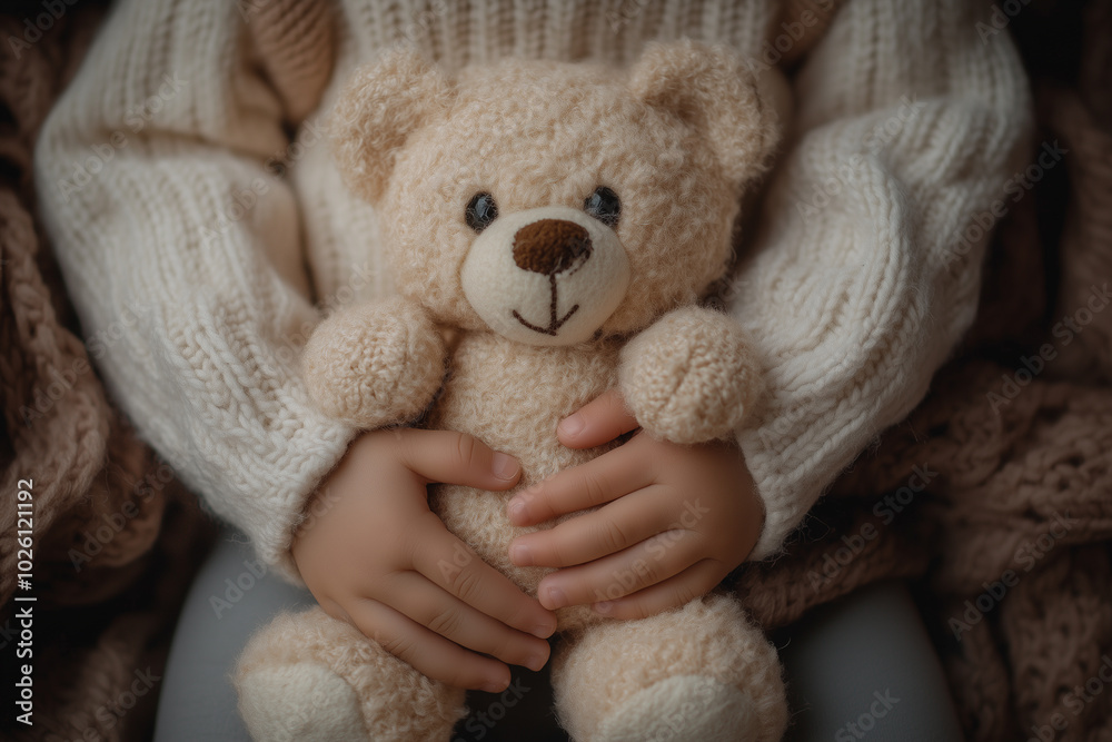Close-Up of a Child's Hands Gently Holding a Teddy Bear Close-Up of a Child's Hands Gently Holding a Teddy Bear