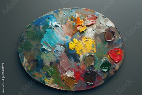 A colorful artist palette with various paint swatches on a dark background