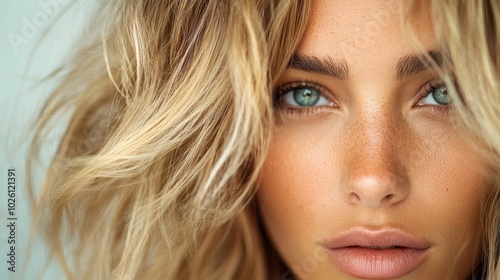 A striking close-up image of a woman with intense blue eyes and wavy blonde hair, showcasing beauty, depth, and the expressive potential of human features.