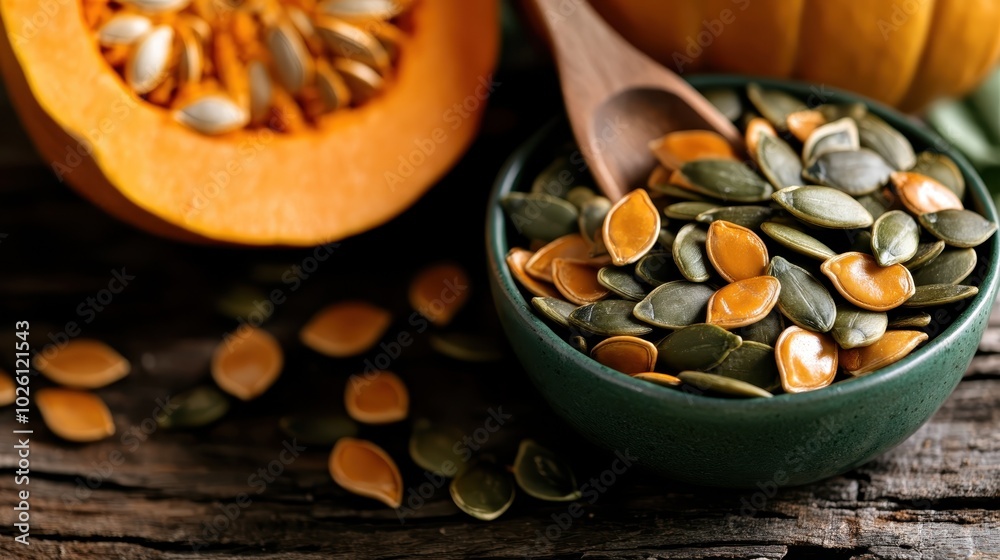 A vibrant assortment of dried pumpkin seeds rests in a ceramic bowl upon a rustic wooden table, creating a visually pleasing and healthy snack presentation. A vibrant assortment of dried pumpkin seeds rests in a ceramic bowl upon a rustic wooden table, creating a visually pleasing and healthy snack presentation.