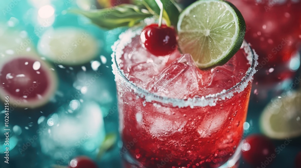 A succulent cherry lime cocktail served in a glass with a salted rim, adorned with fresh lime slices and cherries, highlighted against a blurred festive backdrop. A succulent cherry lime cocktail served in a glass with a salted rim, adorned with fresh lime slices and cherries, highlighted against a blurred festive backdrop.