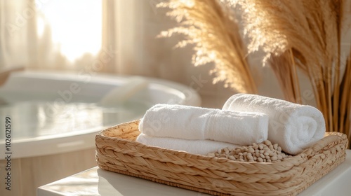 Rolled towels in a wicker basket with dried plants in a bright, relaxing bathroom.

