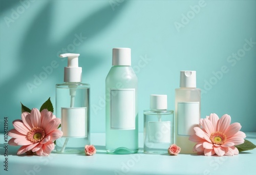 Assorted skincare bottles with blank labels arranged with fresh flowers on a bright blue background