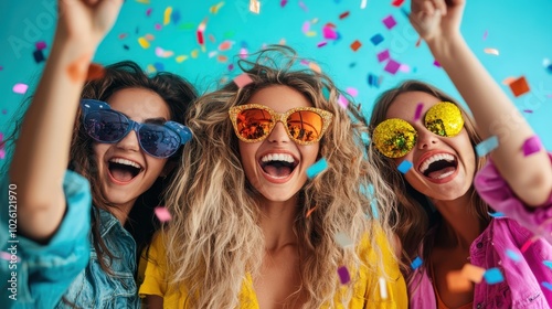 Three women wearing brightly colored glasses are happily celebrating with confetti, showcasing vibrant energy, bright colors, and youthful joy in the image.