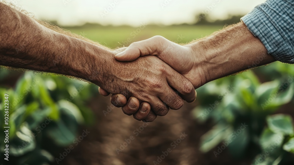This image depicts two farmers shaking hands in a lush green field, surrounded by crops, symbolizing partnership, agreement, and agricultural prosperity. This image depicts two farmers shaking hands in a lush green field, surrounded by crops, symbolizing partnership, agreement, and agricultural prosperity.