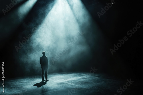 Man standing in dark with spotlight, casting dramatic shadow.