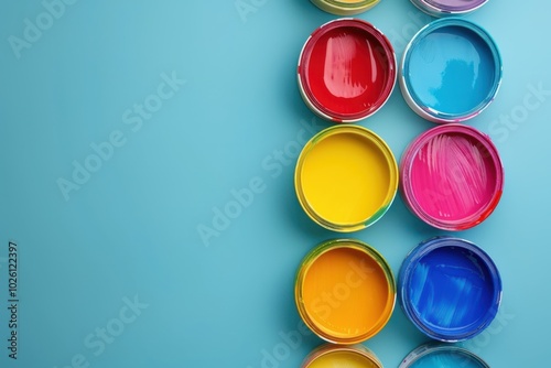 Brightly colored paint cans arranged on a blue background