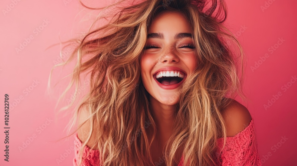 A vibrant woman with wild hair in a pink outfit is laughing enthusiastically, capturing a moment of pure joy and energy in a lively pink setting. A vibrant woman with wild hair in a pink outfit is laughing enthusiastically, capturing a moment of pure joy and energy in a lively pink setting.