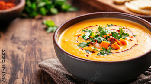 Creamy orange soup garnished with fresh herbs and spices served in a stylish bowl on a rustic wooden table