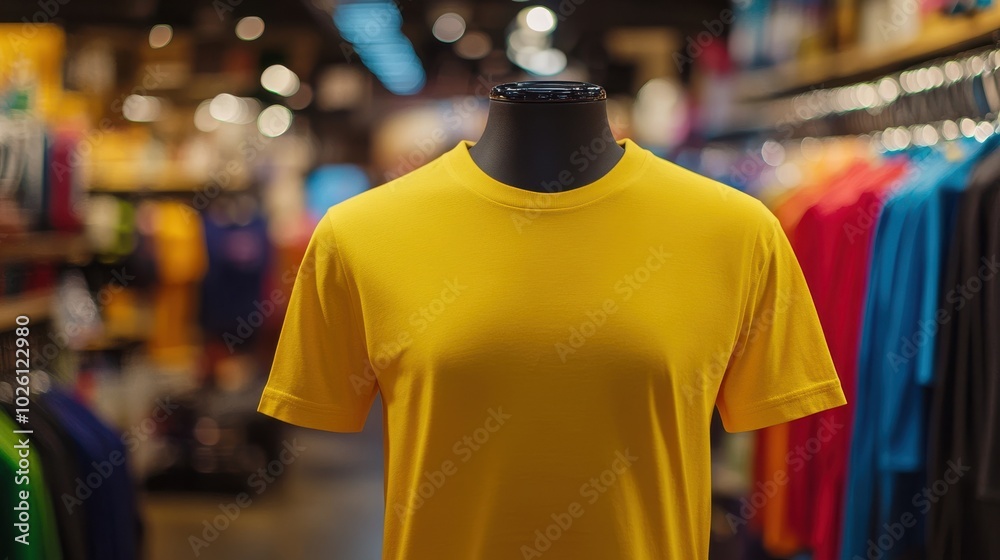 Mockup of Mannequin with a yellow t-shirt in a modern retail store. Mockup of Mannequin with a yellow t-shirt in a modern retail store.