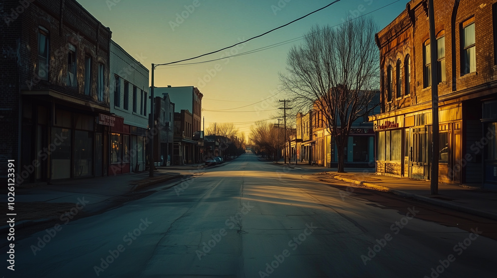 Fototapeta premium Sunset Over an Empty Street in a Deserted Town
