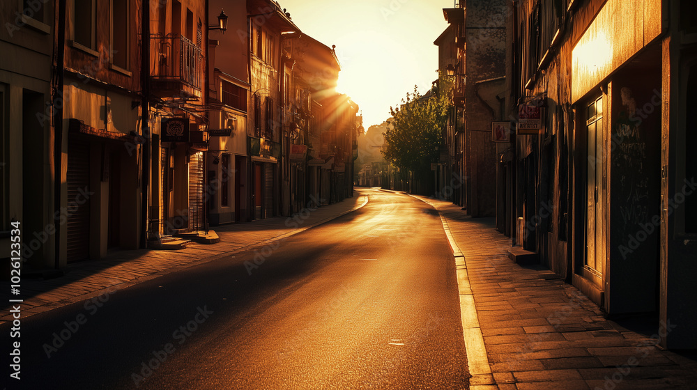 Obraz premium Sunset Over an Empty Street in a Deserted Town