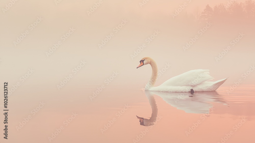 Fototapeta premium Serene Swan Gliding on Calm Lake at Sunrise
