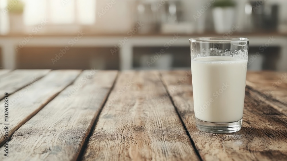 A tall glass of milk is placed centrally on a rustic wooden table, basking in the gentle morning light inside a modern interior, embodying freshness and simplicity. A tall glass of milk is placed centrally on a rustic wooden table, basking in the gentle morning light inside a modern interior, embodying freshness and simplicity.