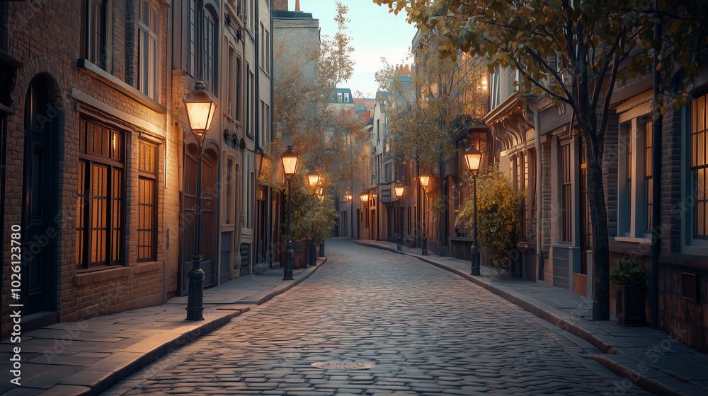 Obraz premium Historic Street Lined with Cobblestones and Vintage Street Lamps