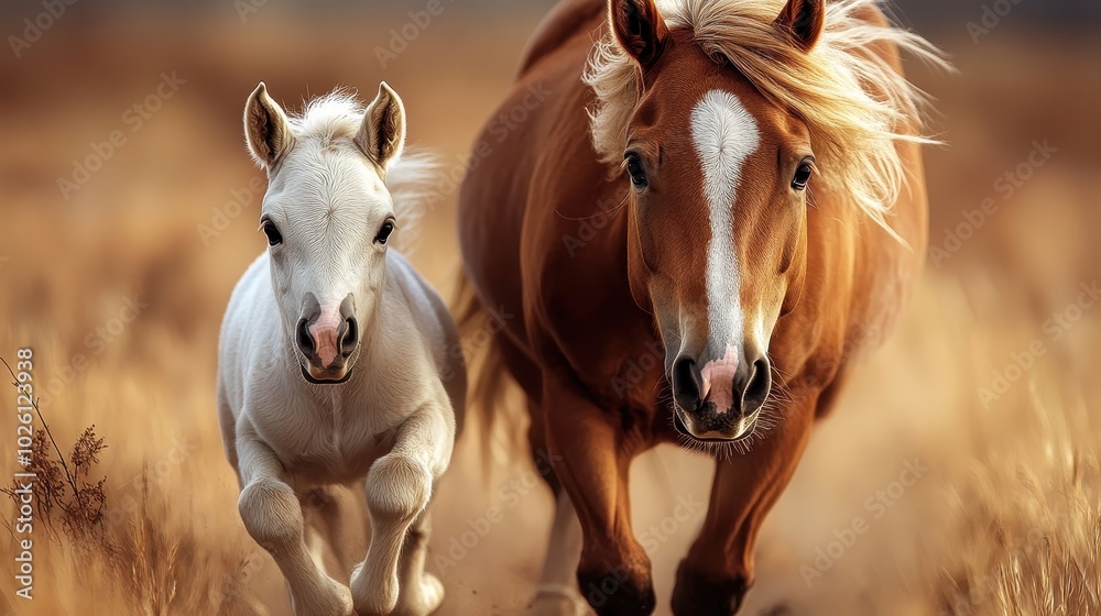 Obraz premium A mother horse and her foal gallop across a golden field, capturing the essence of freedom, vitality, and the harmonious connection between animals and nature.