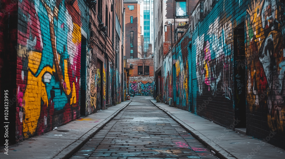 Fototapeta premium Quiet Alleyway Lined with Colorful Graffiti Art on the Walls