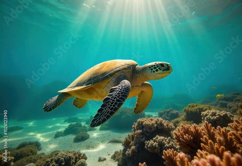 Graceful sea turtle swimming elegantly through clear blue waters surrounded by coral reefs