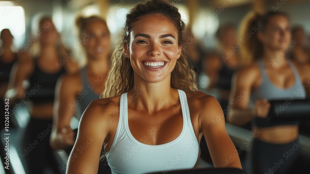 In the midst of an energetic group workout, a woman beams with joy and enthusiasm, surrounded by fellow fitness enthusiasts in a lively gym space. In the midst of an energetic group workout, a woman beams with joy and enthusiasm, surrounded by fellow fitness enthusiasts in a lively gym space.