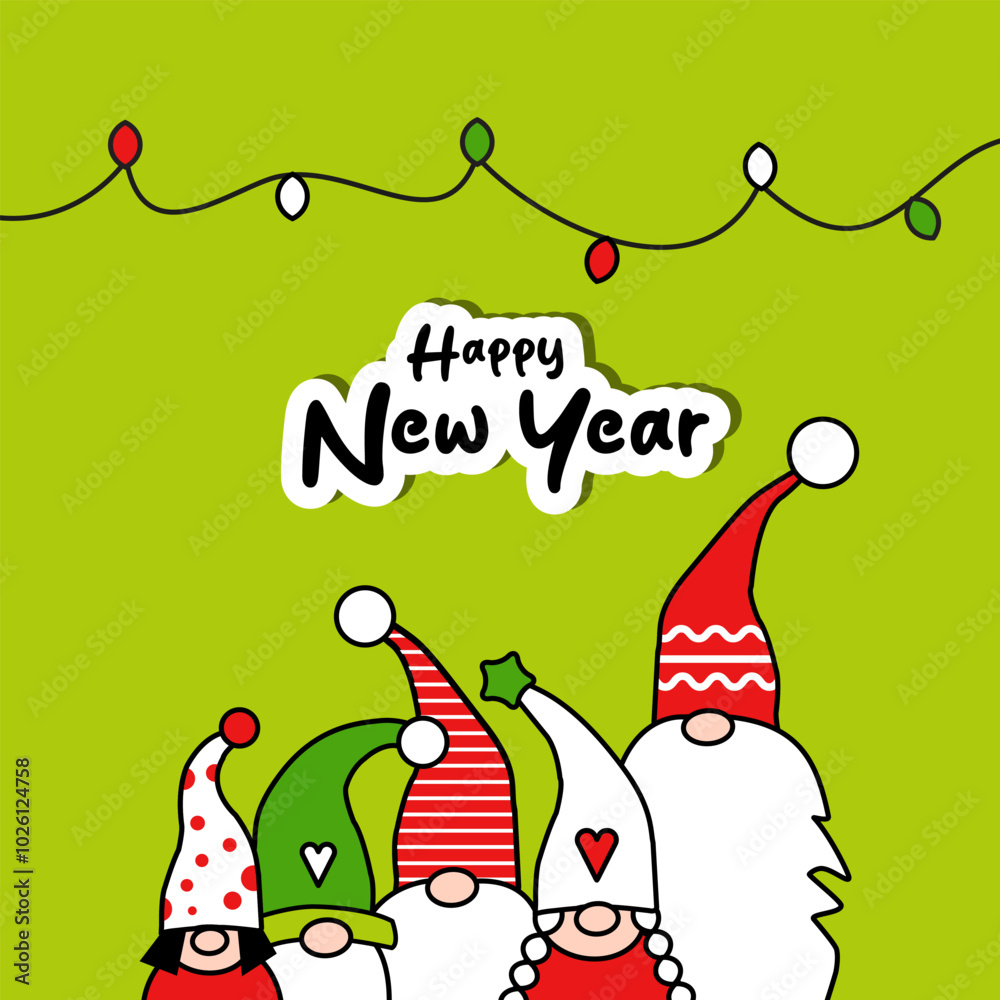Fototapeta premium Winter card. Happy new year.Gnome family. Hand drawings collection.