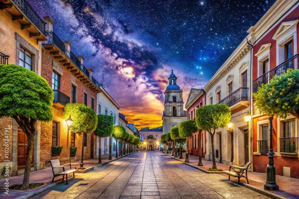 Fototapeta premium Night Photography of Mayorga Valladolid's Historic Architecture and Starry Sky